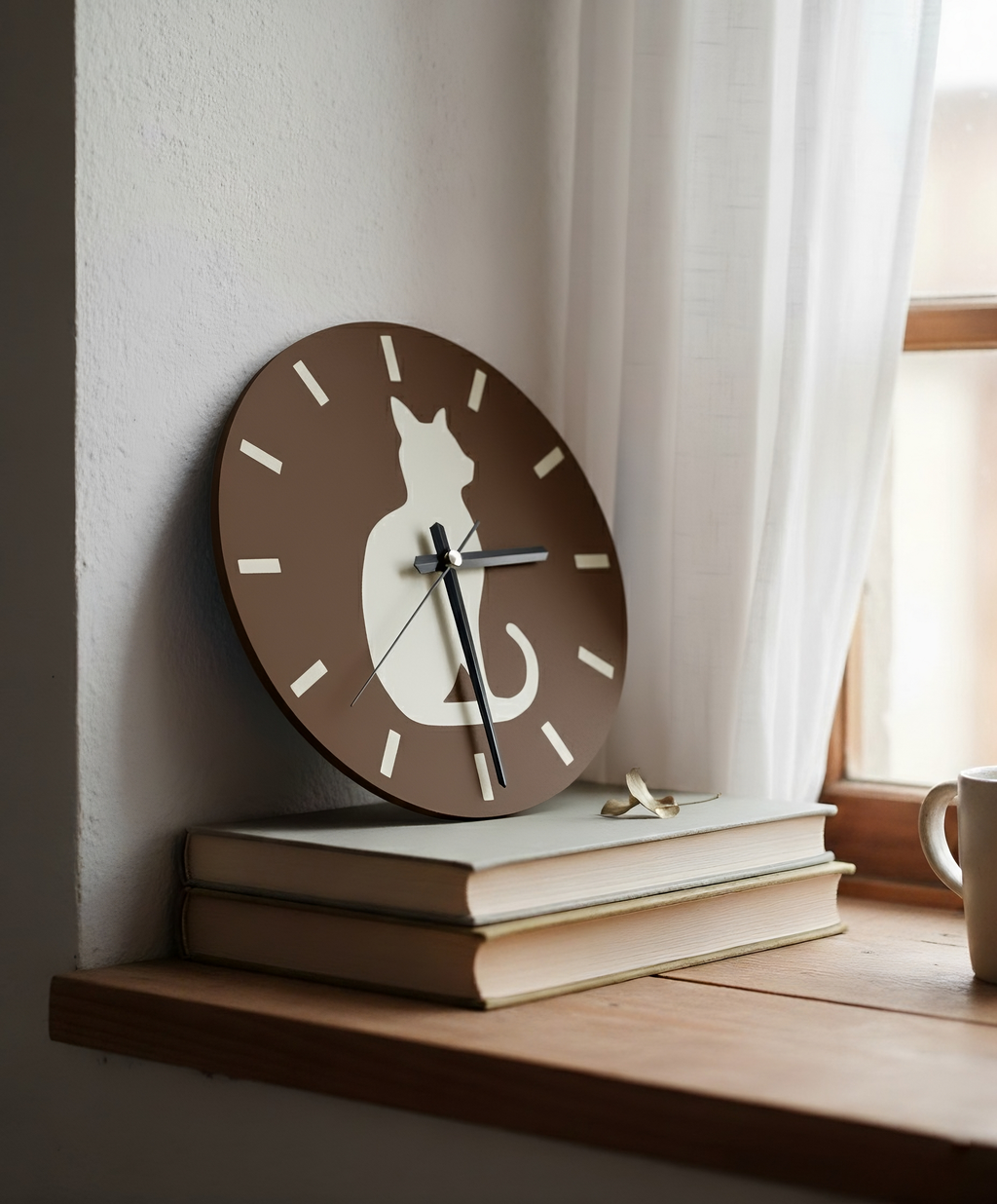Gölge Arkadaş Kedi Motifli Duvar Saati - Kahve & Bej