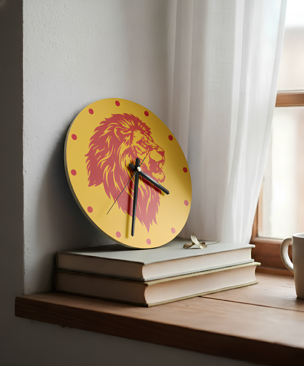 Aslan Motifli Duvar Saati - Sarı & Kırmızı | Ormanın Kralı Lüks 3D Baskı Tasarımı