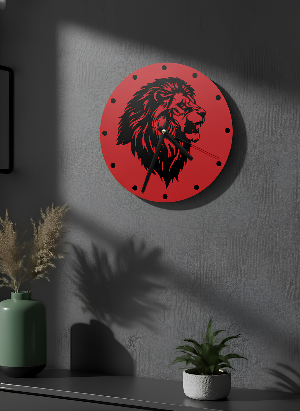 Aslan Motifli Duvar Saati - Kırmızı & Siyah | Ormanın Kralı Lüks 3D Baskı Tasarımı
