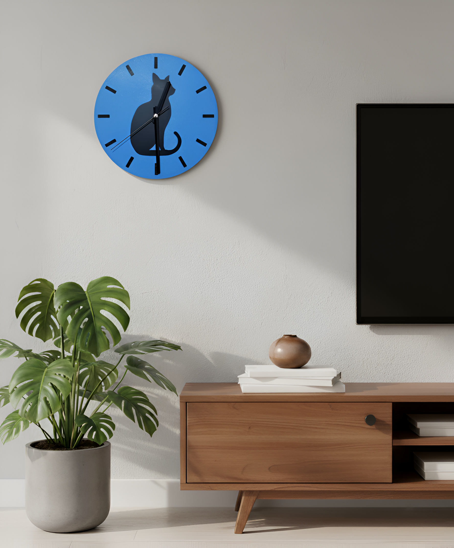 Gölge Arkadaş Kedi Motifli Duvar Saati - Mavi & Siyah
