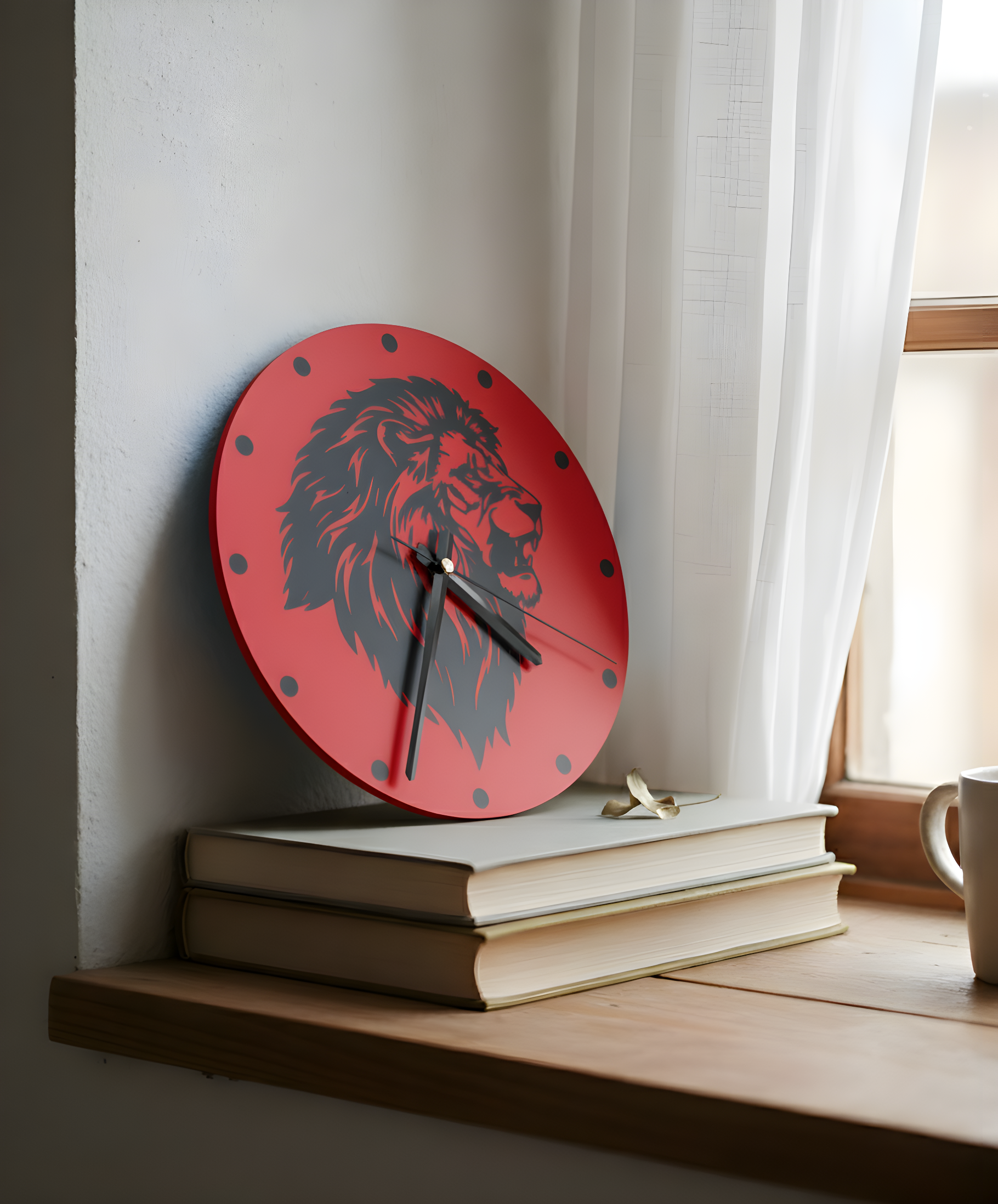 Aslan Motifli Duvar Saati - Kırmızı & Siyah | Ormanın Kralı Lüks 3D Baskı Tasarımı