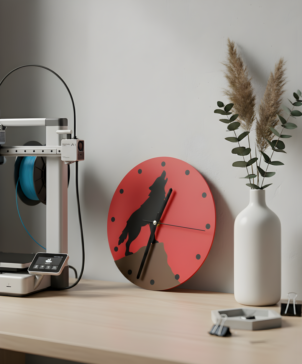 Bozkurt Motifli Duvar Saati - Kırmızı & Siyah | 3D Baskı Tasarım