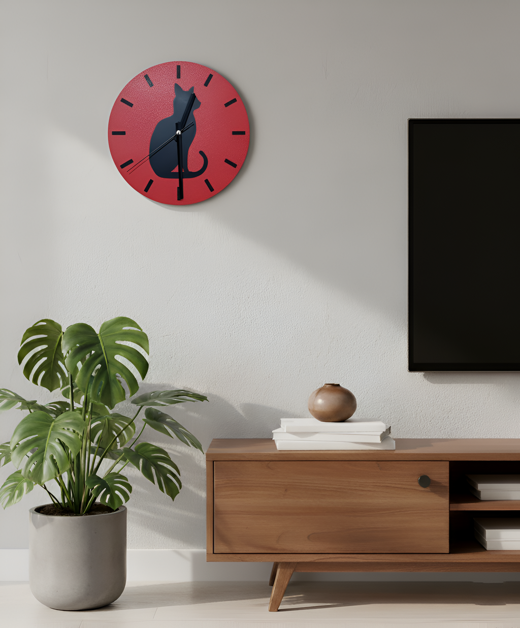 Gölge Arkadaş Kedi Motifli Duvar Saati - Kırmızı & Siyah