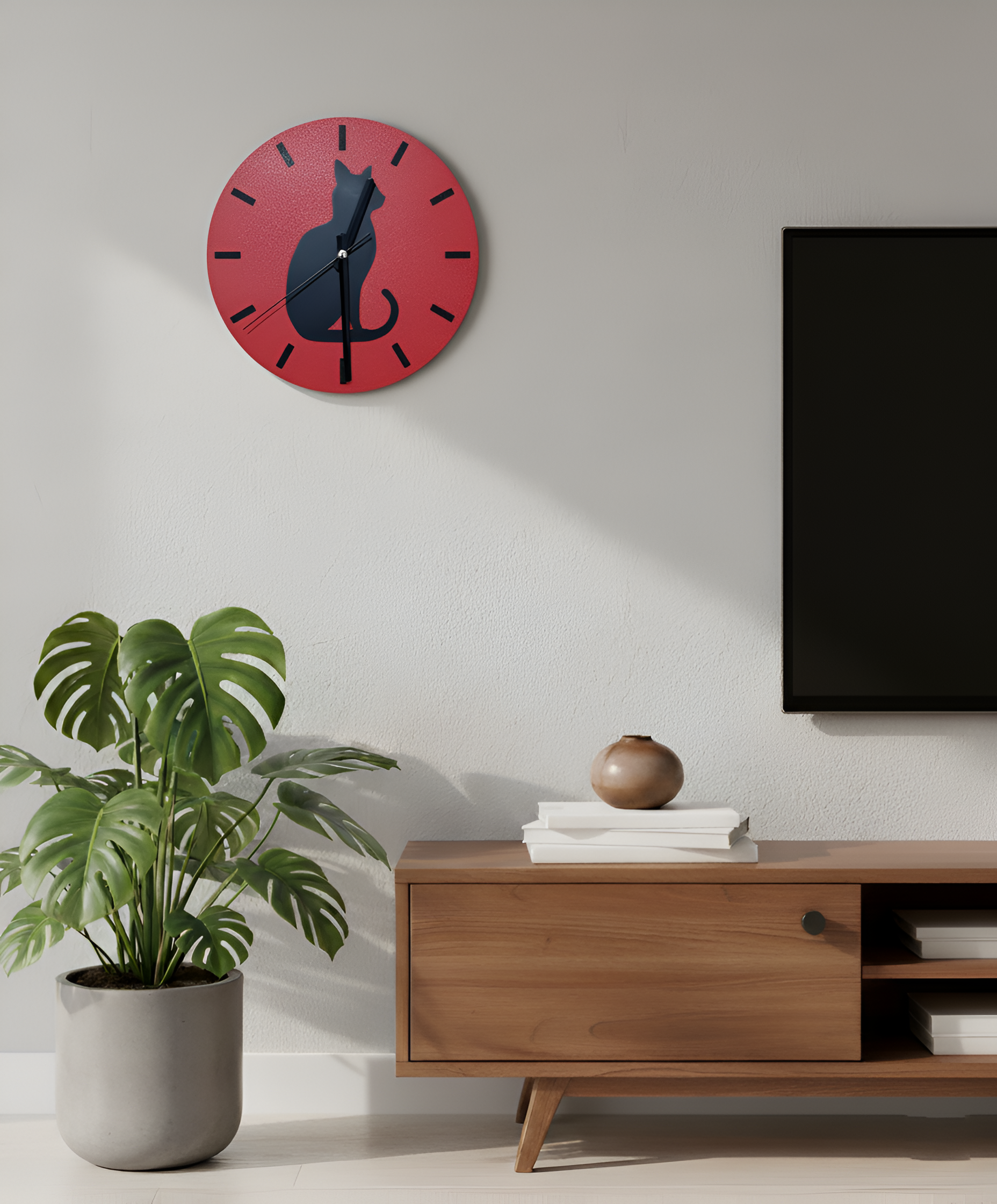 Gölge Arkadaş Kedi Motifli Duvar Saati - Kırmızı & Siyah