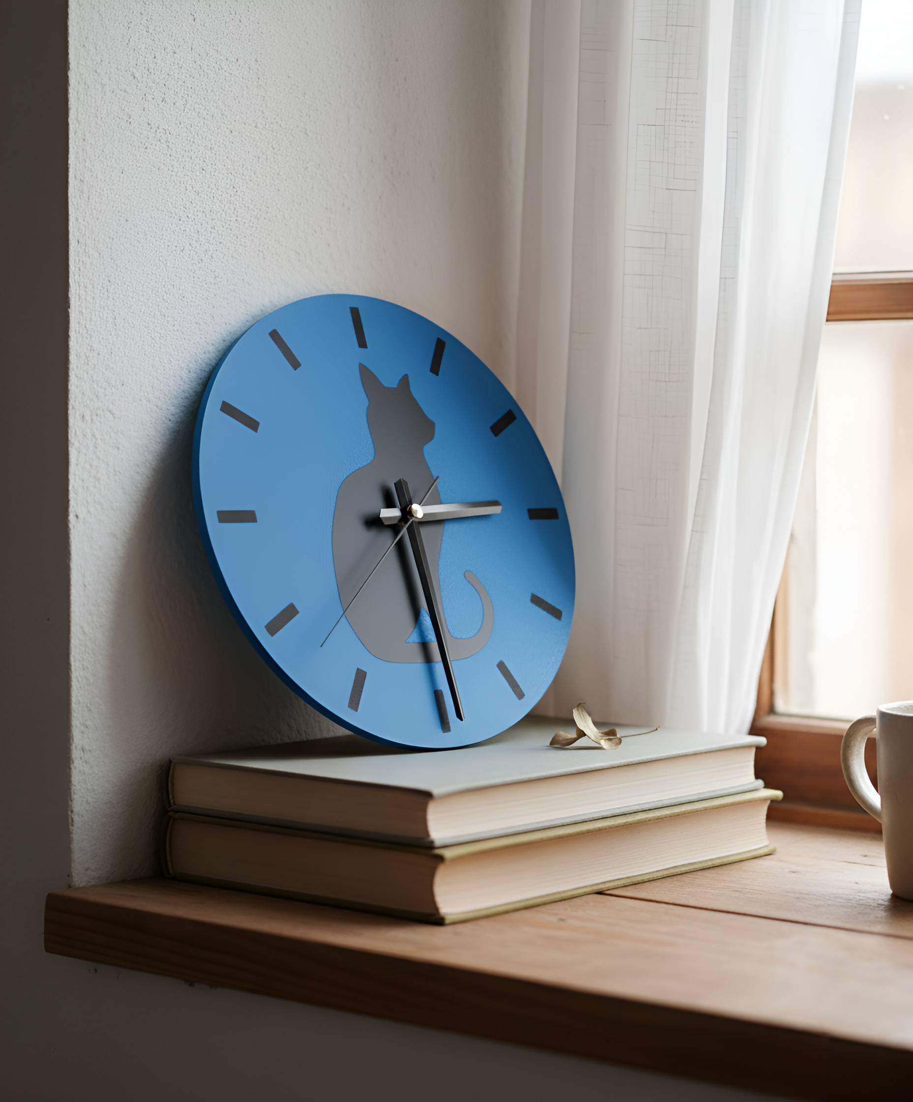 Gölge Arkadaş Kedi Motifli Duvar Saati - Mavi & Siyah