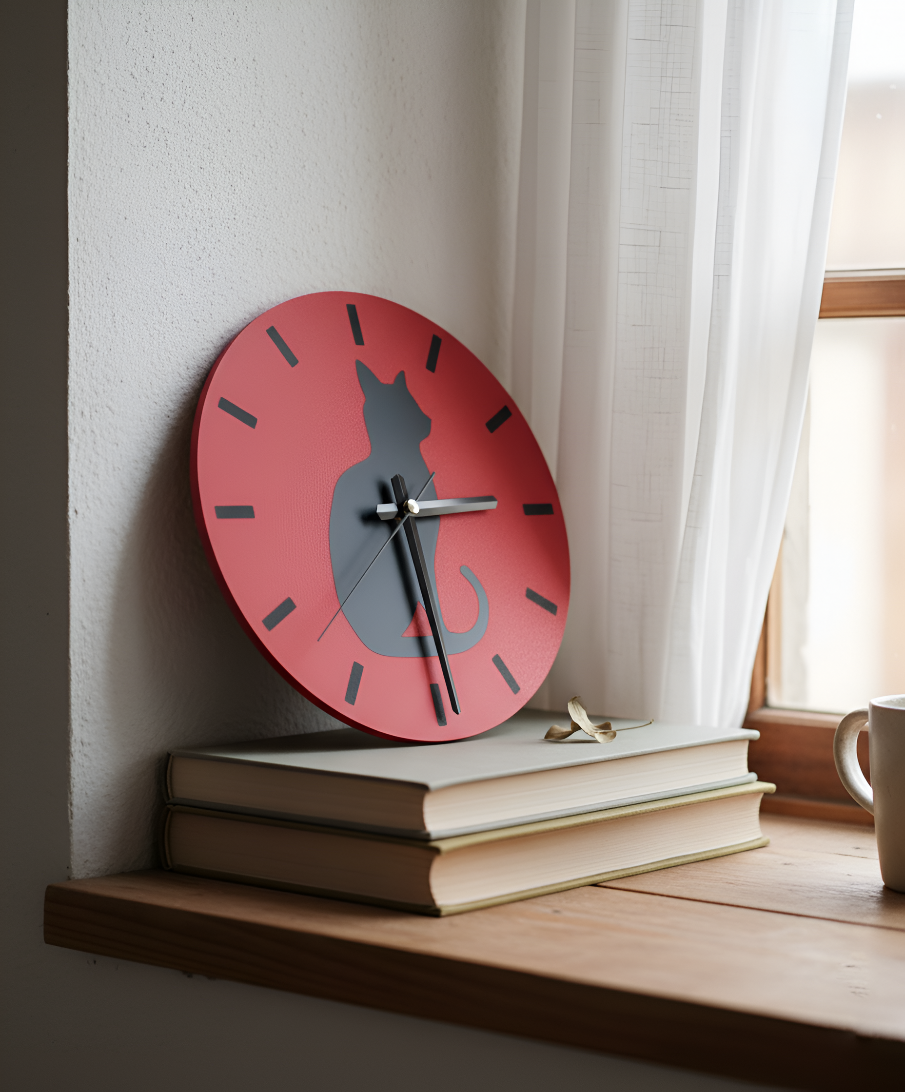 Gölge Arkadaş Kedi Motifli Duvar Saati - Kırmızı & Siyah