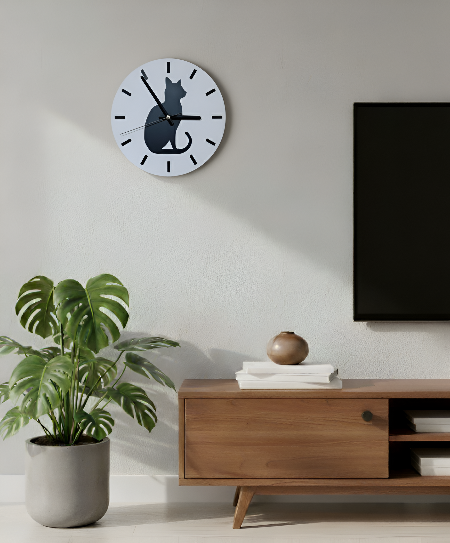 Gölge Arkadaş Kedi Motifli Duvar Saati - Beyaz & Siyah