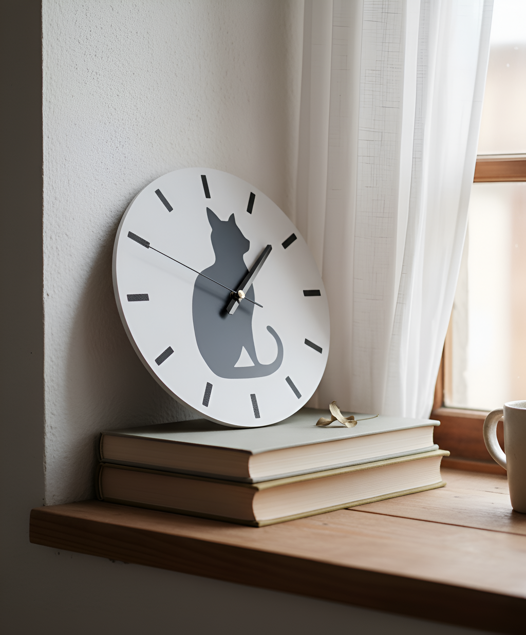 Gölge Arkadaş Kedi Motifli Duvar Saati - Beyaz & Siyah