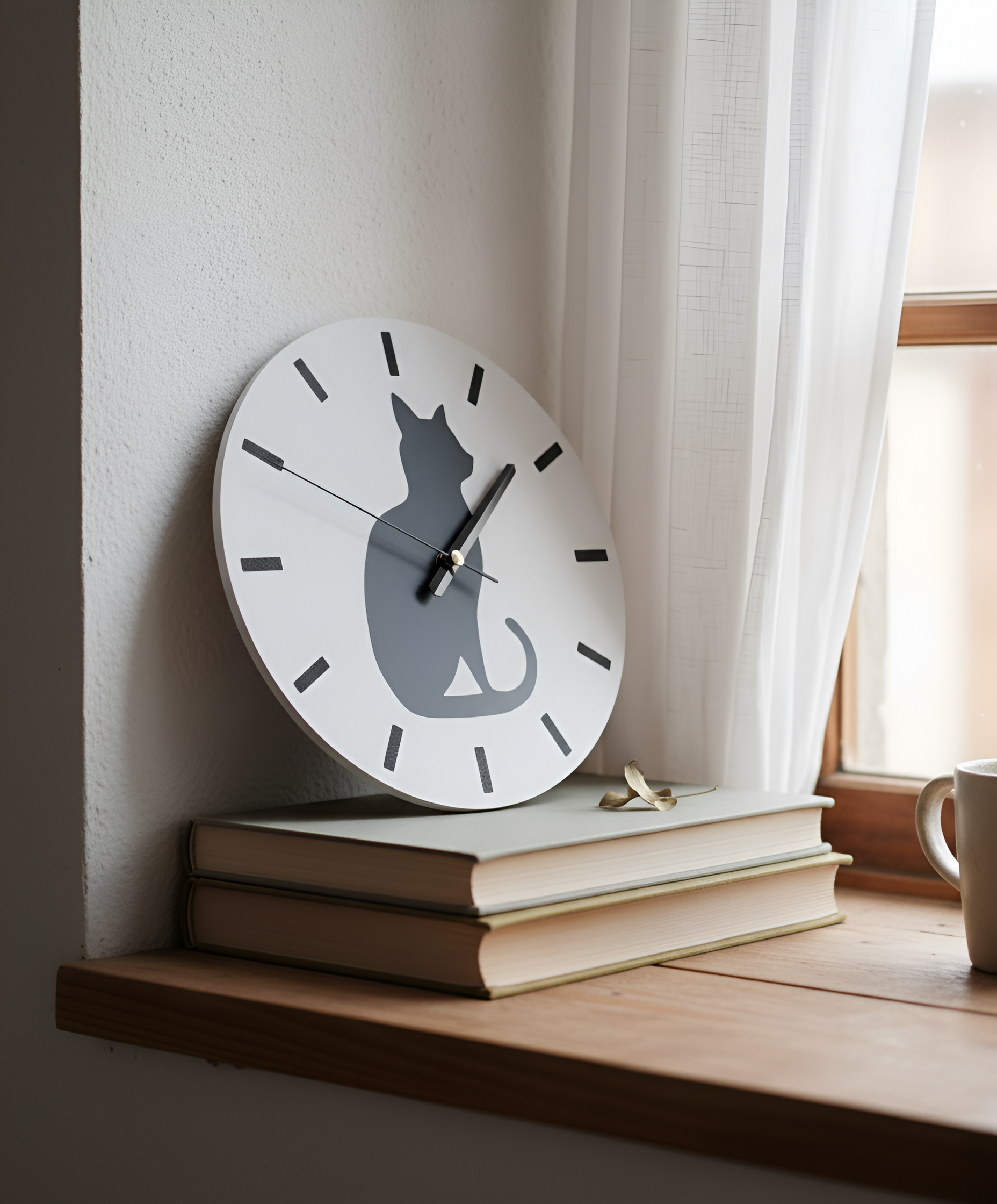 Gölge Arkadaş Kedi Motifli Duvar Saati - Beyaz & Siyah