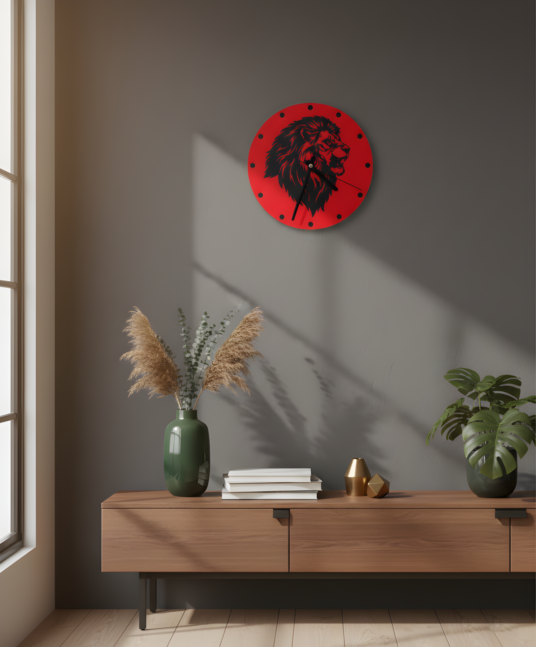 Aslan Motifli Duvar Saati - Kırmızı & Siyah | Ormanın Kralı Lüks 3D Baskı Tasarımı