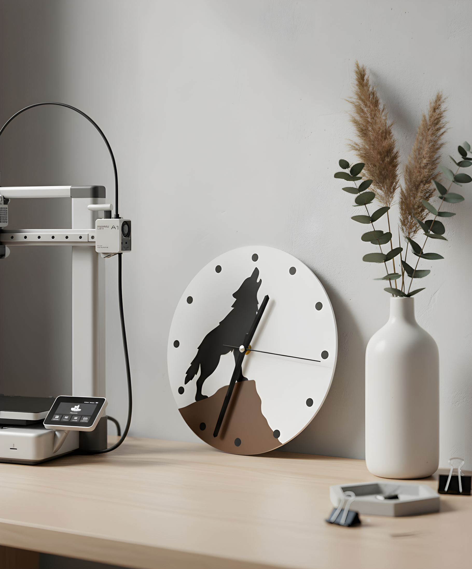 Bozkurt Motifli Duvar Saati - Beyaz & Siyah | 3D Baskı Tasarım