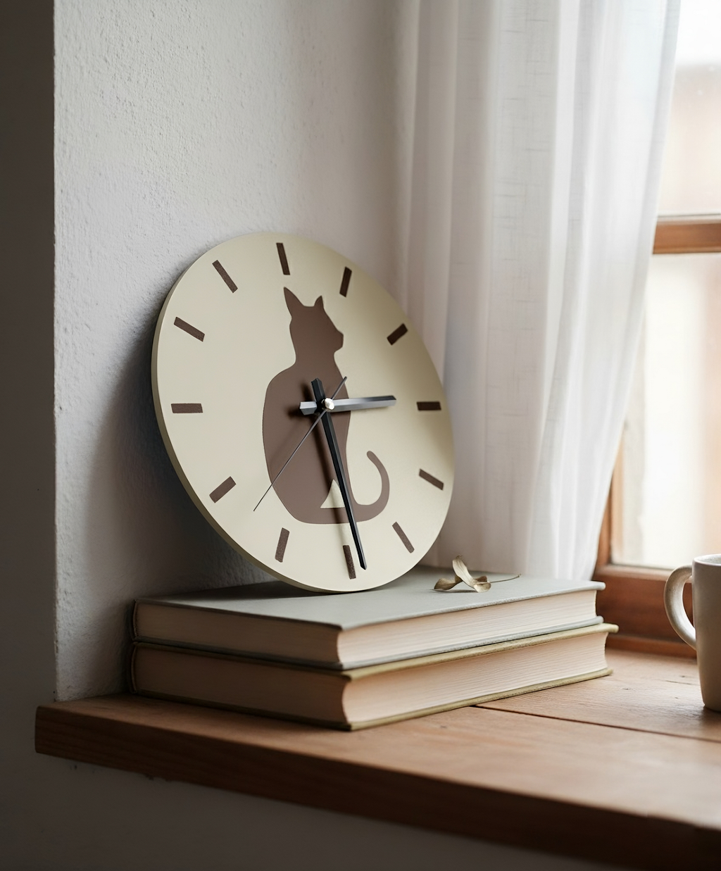 Gölge Arkadaş Kedi Motifli Duvar Saati - Kahve & Kemik