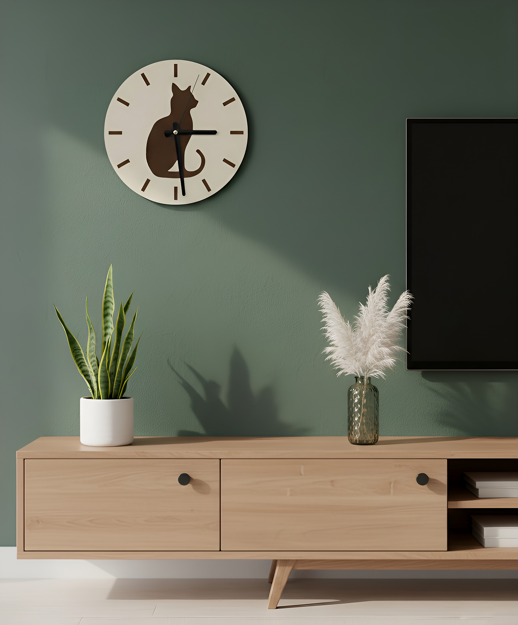 Gölge Arkadaş Kedi Motifli Duvar Saati - Kahve & Kemik