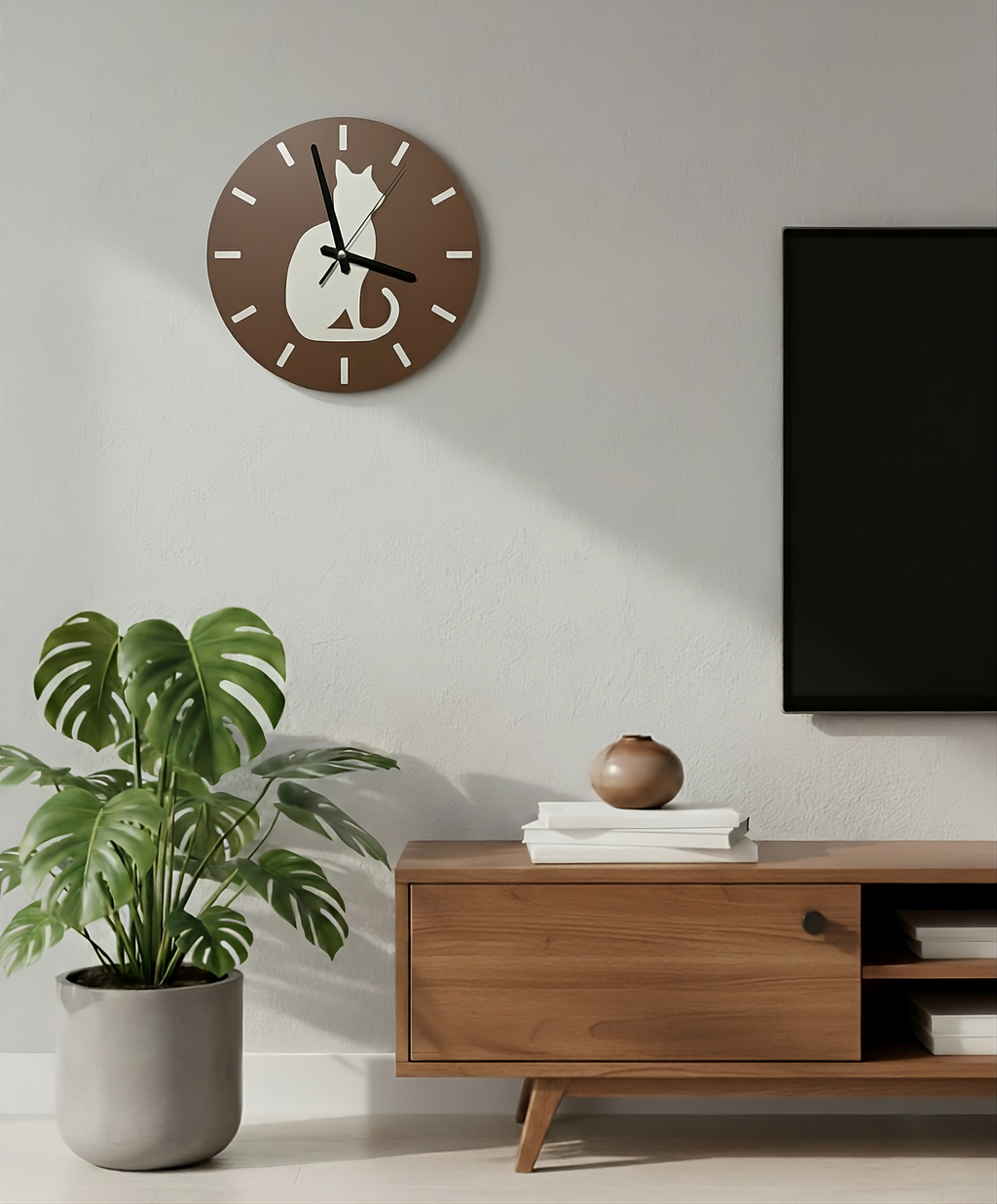 Gölge Arkadaş Kedi Motifli Duvar Saati - Kahve & Bej